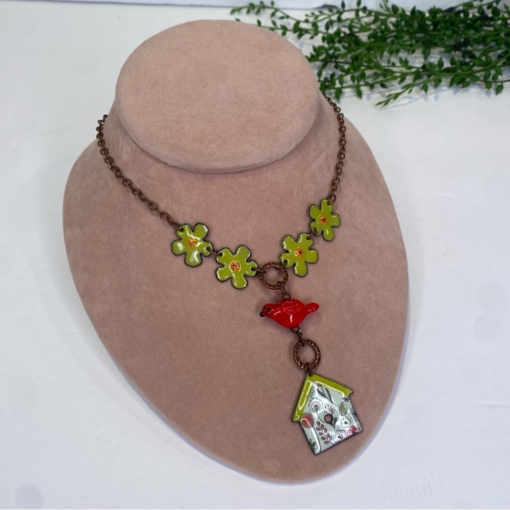 Enamel Floral Birdhouse Necklace with Red Glass Bird 20" Copper Tone Toggle